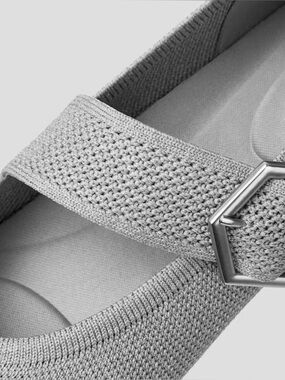 Vivaia- Knit Mary Jane Flat with Silver Buckle - Light Gray
